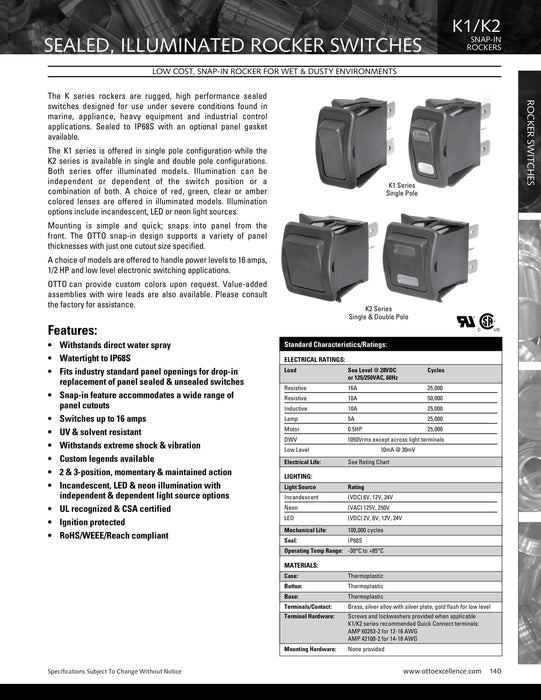 Technical specifications page for sealed, illuminated rocker switches, detailing performance features and electrical ratings for models K1 and K2