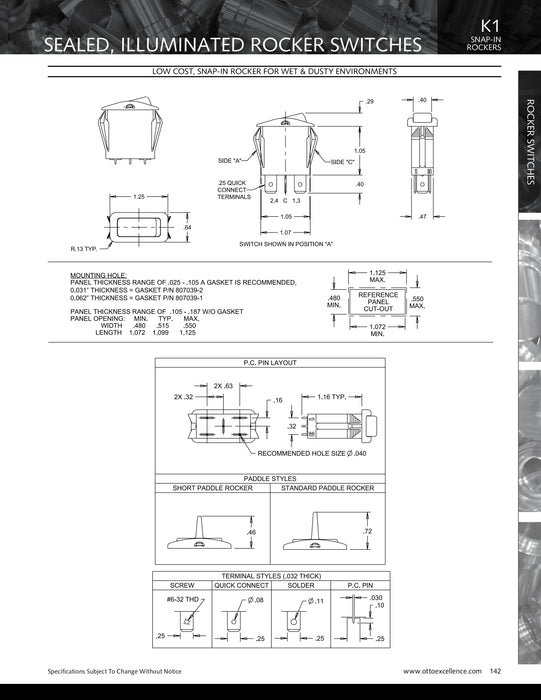 Diagram page showing physical dimensions and mounting information for K1 snap-in rocker switches, highlighting panel cut-out sizes and terminal styles