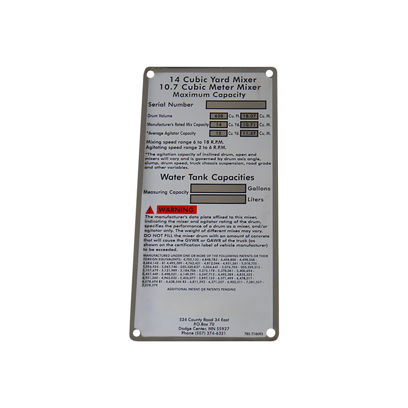 McNeilus 0214693 – Placard, Capacity, 14YD Mixer