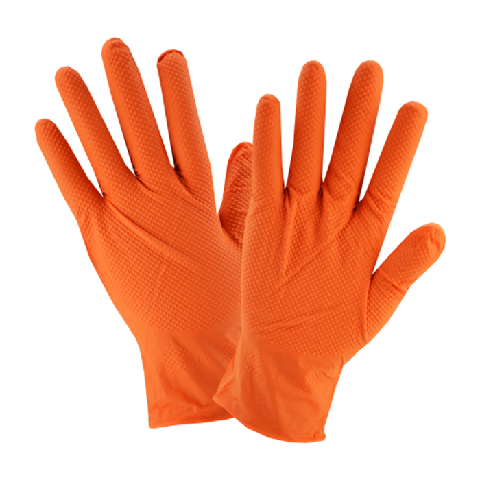 Close-up of Orange Hand Armor Geotex Grip Nitrile XL Gloves, showcasing 9.25-inch length and textured grip for industrial use, GDNT107ORFXL