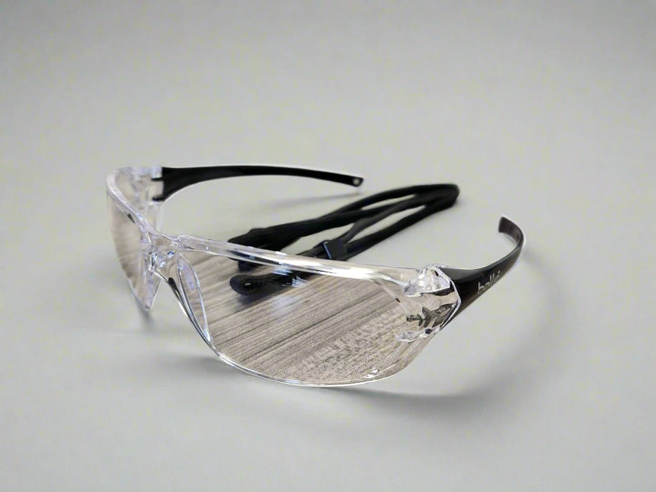 “Back view showing adjustable cord of Bollé Prism Safety Glasses - Clear lens.”
