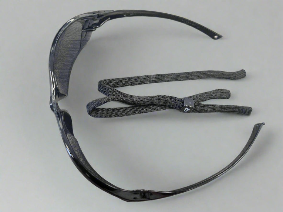 Bolle Prism Smoke Safety Glasses, rear view showing detachable black cord and wraparound frame style.