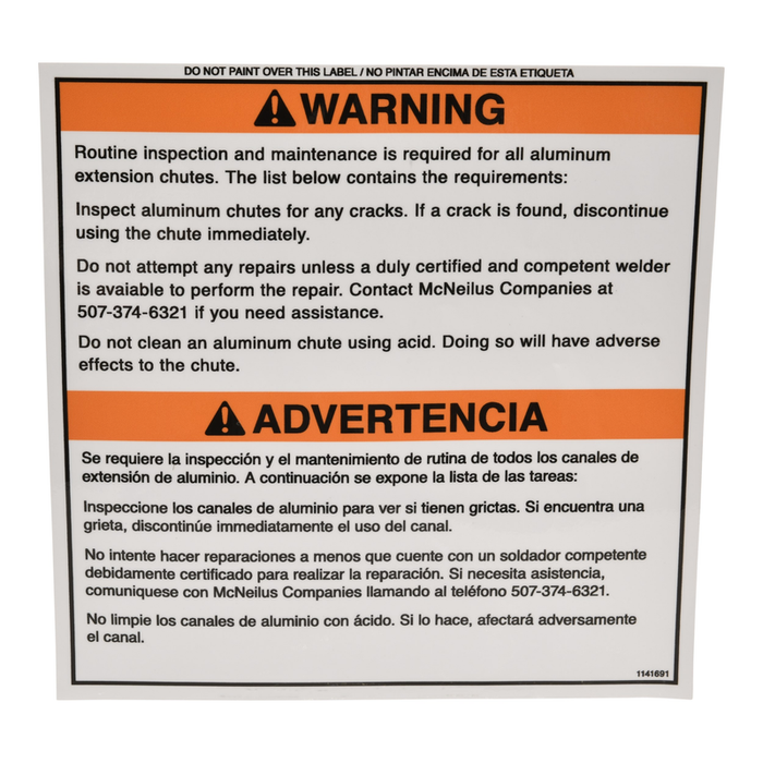 McNeilus 1141691 – Sign, Safe, Warn, Aluminum Chute