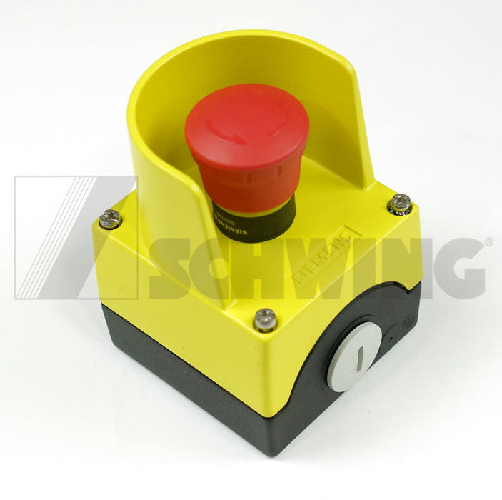 "Schwing Pushbutton Housing Emergency-stop, 2NC, industrial safety component, Part #: 98444977."
