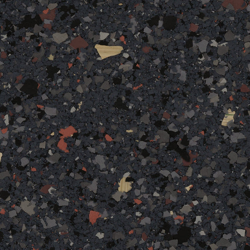 Blacktop epoxy flake – top view of hybrid-sized chips in black, gray, red, and yellow tones.