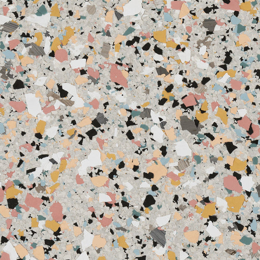 Gumball hybrid epoxy flake – top view of multicolor terrazzo-style chips with a gray base.