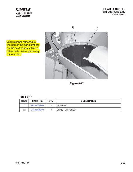 Technical specifications for Kimble Mixer Truck, featuring the REAR PEDESTAL Collector Assembly Chute Guard, highlighting the Chute Boot (Part No. S08-00860-00) and T-Bolt Clamp 25.86" (Part No. C55-02586-00) as labeled in Figure 5-17.