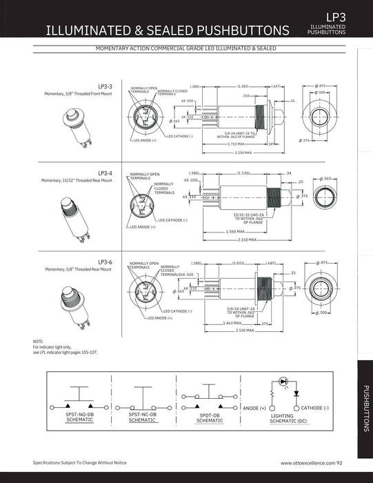 Schematic diagrams and technical details for LP3 series pushbuttons showing different mounting styles, terminal types, and dimensions for installation in diverse applications