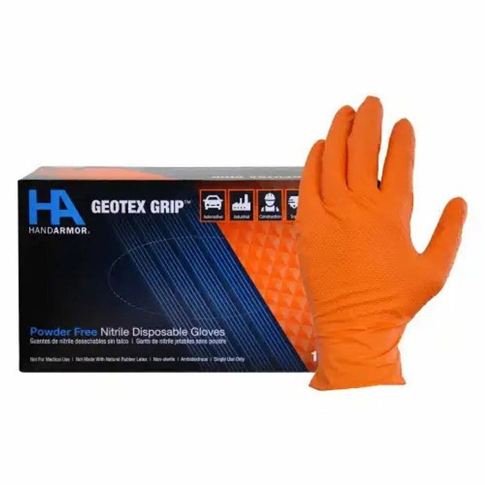 Box of Orange Hand Armor Geotex Grip Nitrile XL Gloves, 9 mil heavy-duty construction, powder-free, and latex-free, GDNT107ORFXL