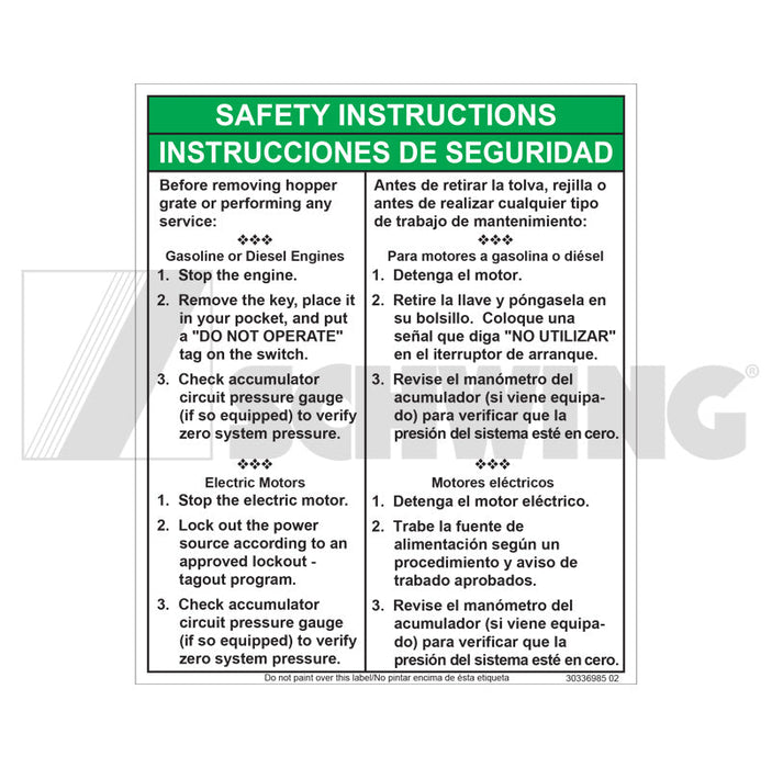 Decal - Safety Instructions For Hopper | Weight: 2 lbs