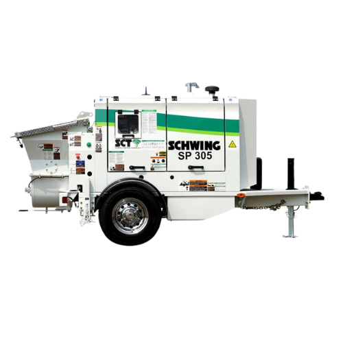 Schwing SP 305 Trailer-Mounted Concrete Pump with Tier 4 Final Engine, Front View.
