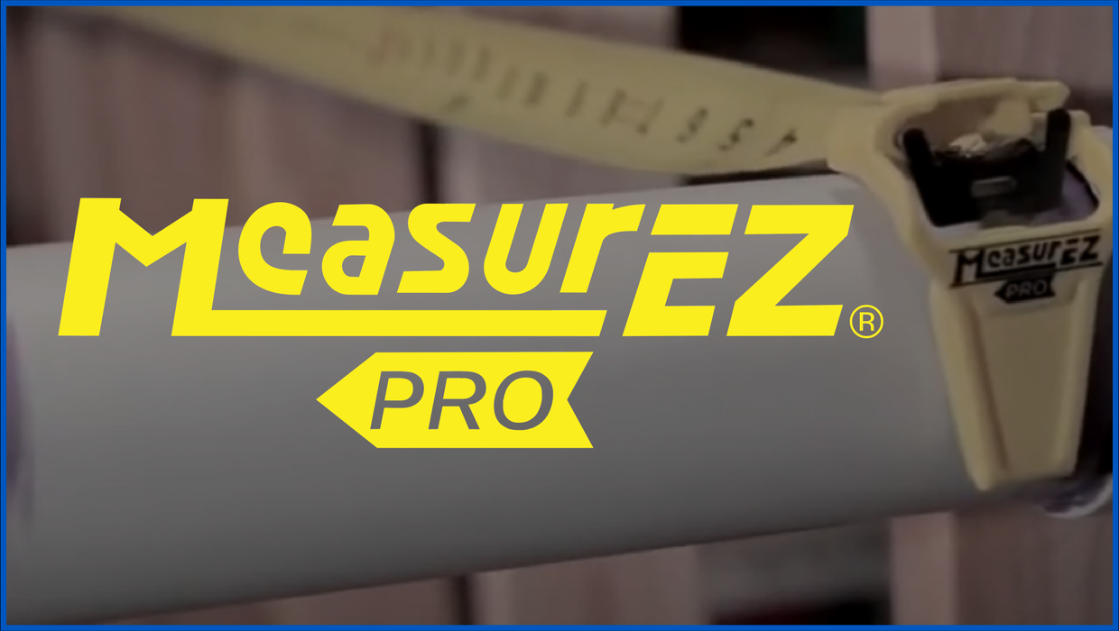 MeasurEZ Pro attached to a measuring tape (tape measure not included), demonstrating hands-free measuring for cabinetry, plumbing, and construction work.