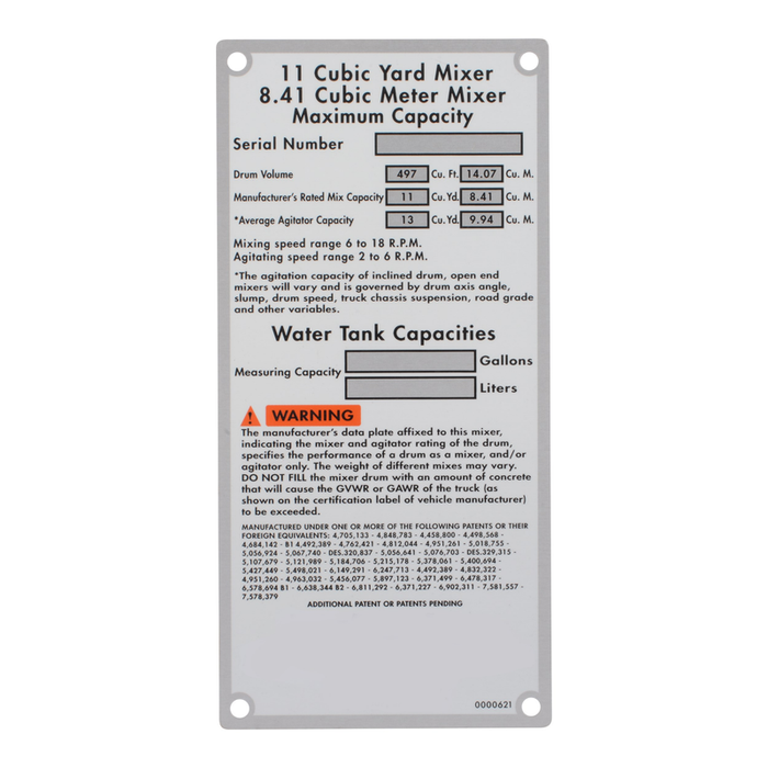 McNeilus 0000621 – Placard, Data, 11.0YD Mixer