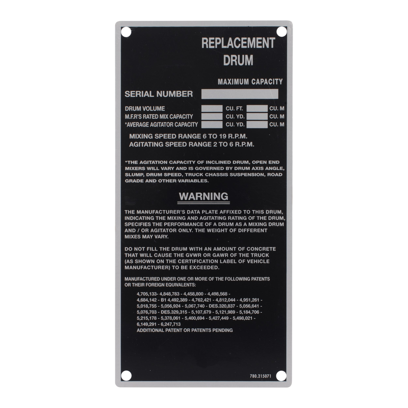 McNeilus 0215071 – Rplmt Drum Data Plate