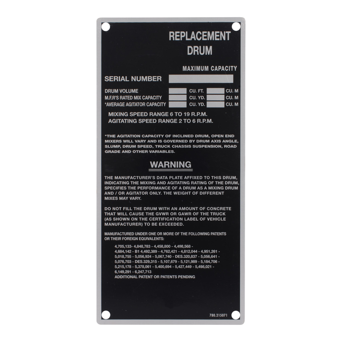 McNeilus 0215071 – Rplmt Drum Data Plate