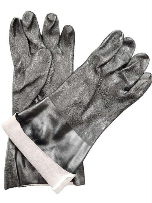 Close-up of 14-inch Black PVC Gloves, showcasing diamond-textured grip on palm and fingers for better control