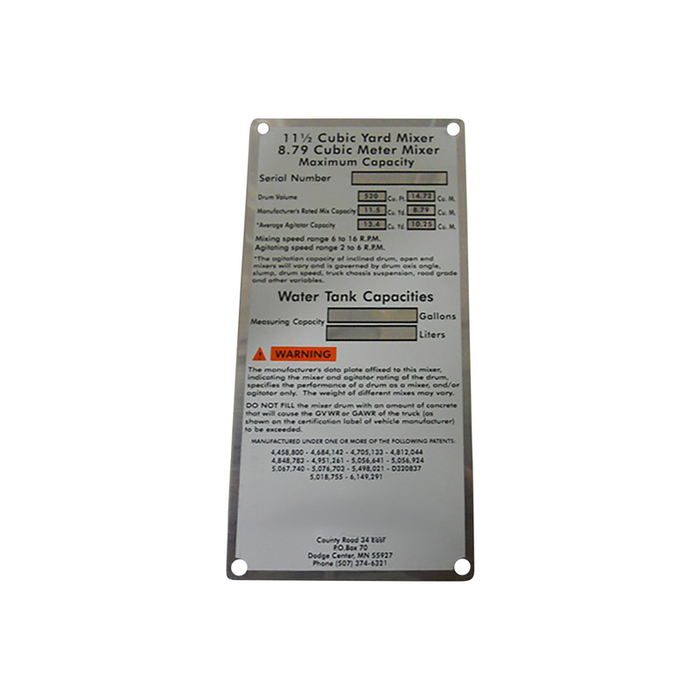 McNeilus 1257107 – Placard, Capacity, 11.5YD Mixer