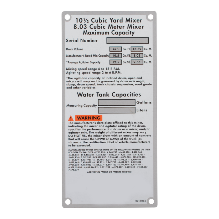 McNeilus 0215085 – Placard, Data, 10.5 YD Mixer