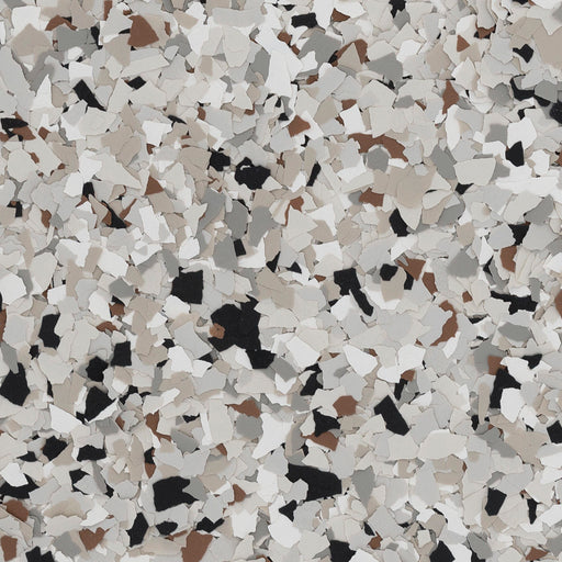 Coyote epoxy flake blend – top-down view showing 1/4" polymer flake mix of white, beige, gray, and black.
