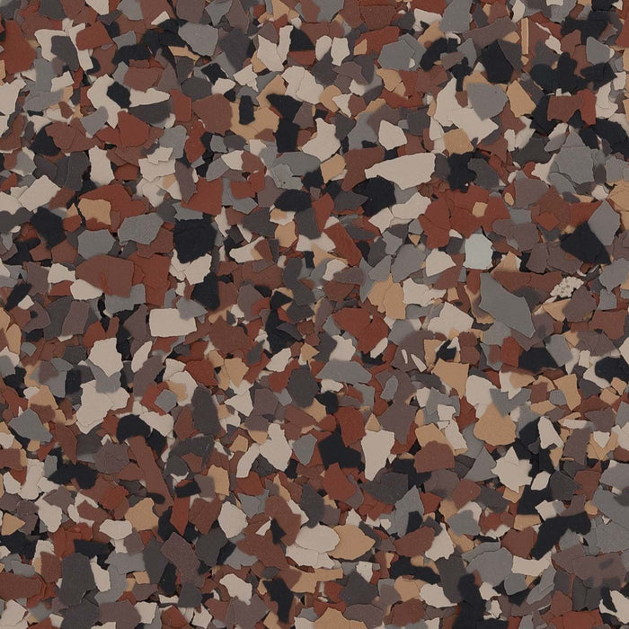 Robin epoxy flake – top-down texture view of 1/4" flake in warm brown, red, and black tones.