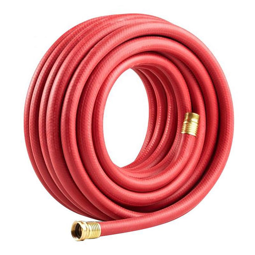 Gilmour Pro Hot Water Hose, 25ft, red, with 5/8-inch diameter and durable brass fittings, ideal for heavy-duty industrial use.