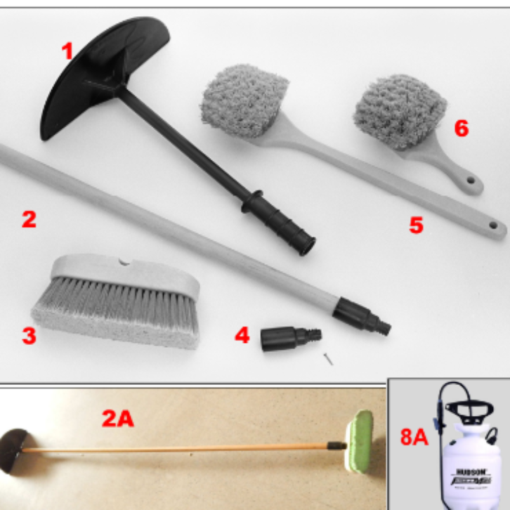 Assortment of cleaning tools for cement mixer trucks including brushes and cleaning solutions